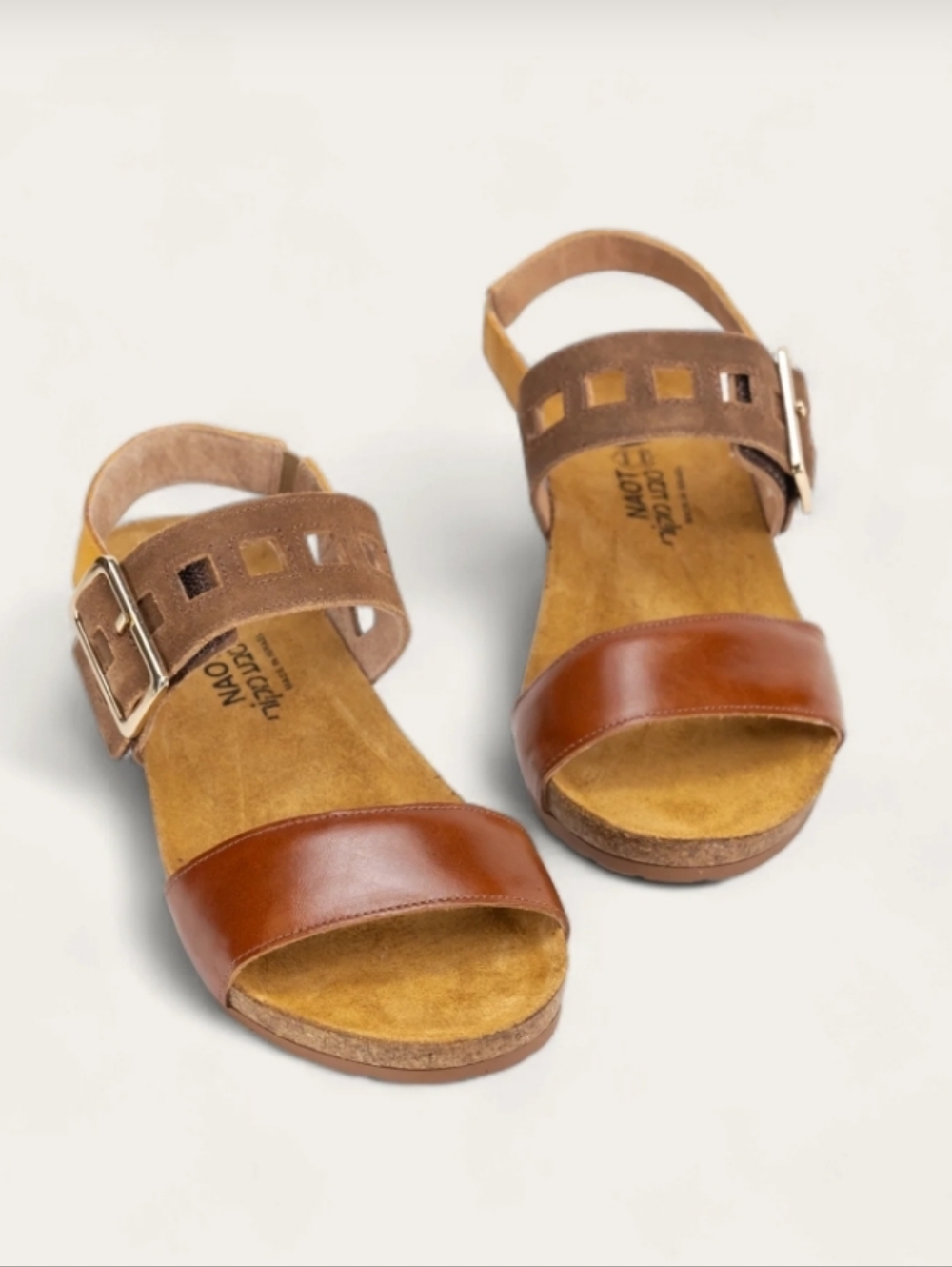 Naot DYNASTY Maple & Antique Brown Leather Marigold Suede Cork Wedge Sandals 7